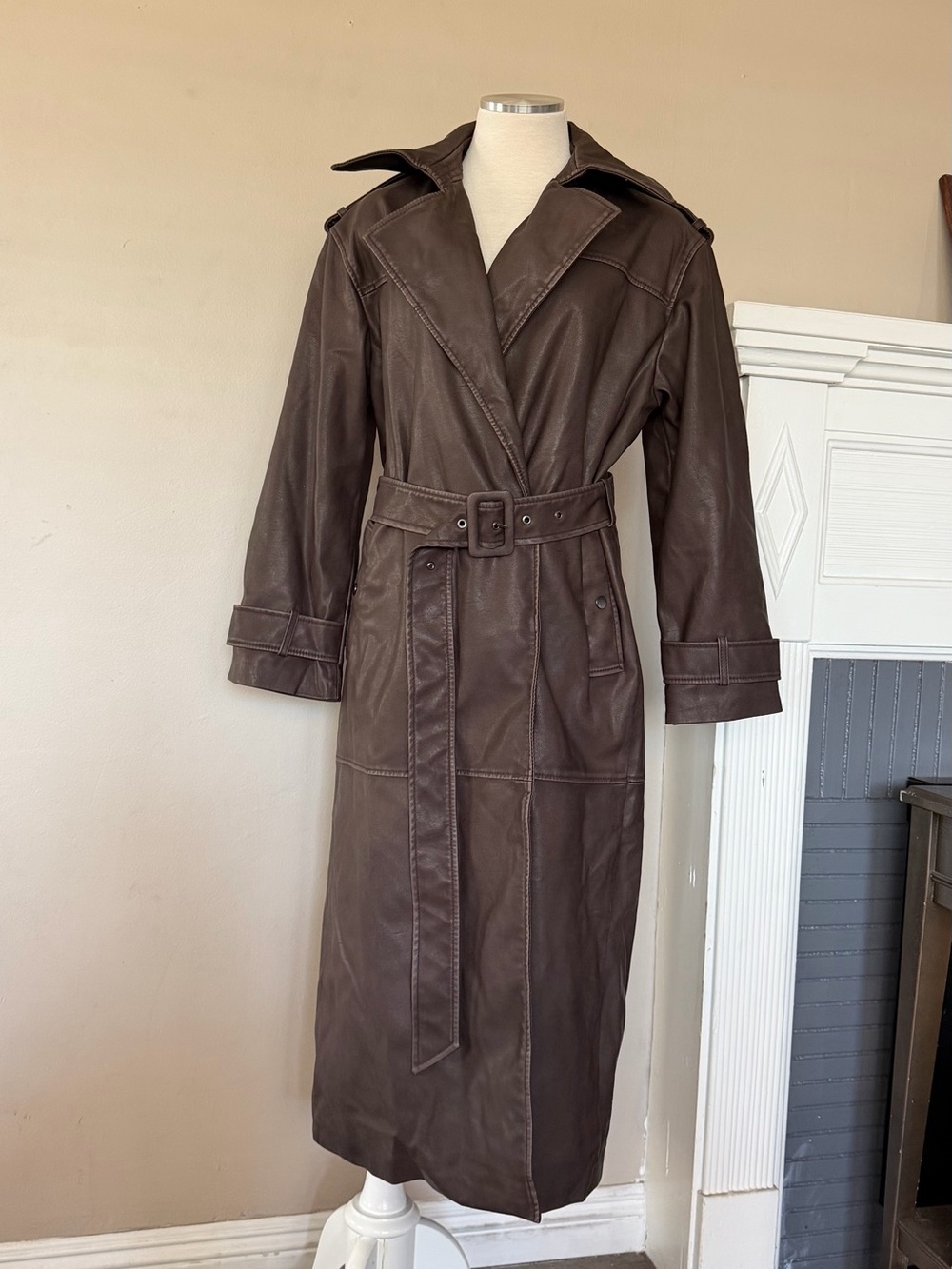 Abercrombie & Fitch Dark Brown Leather Trench Coat with Belt